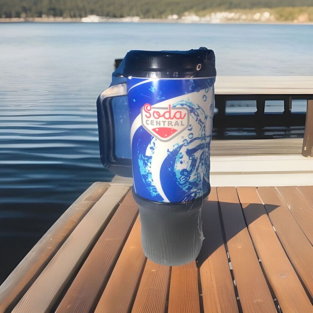 NEW-Whirley Soda Central  Blue 32oz Plastic TRAVEL TUMBLER- New sealed US Made